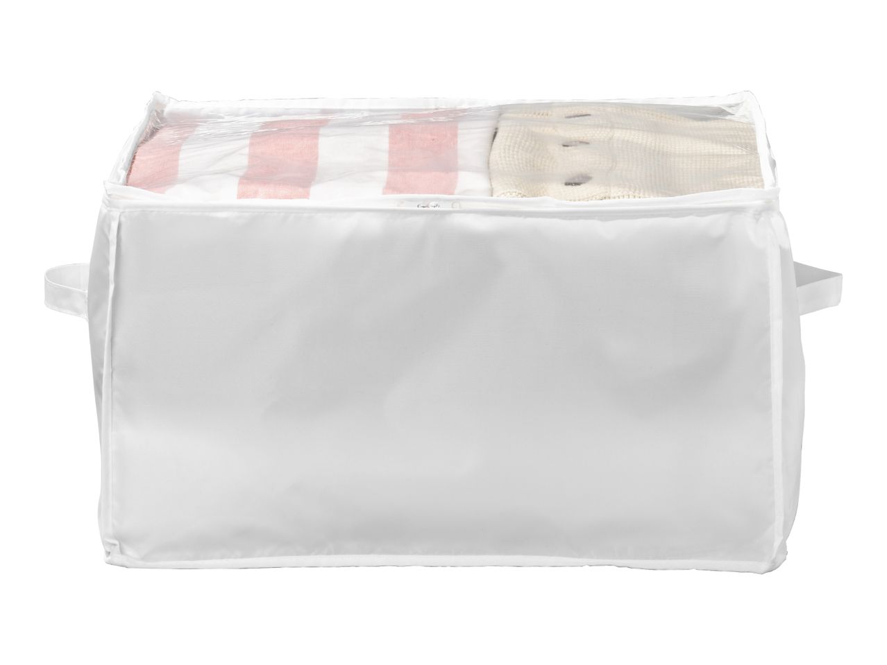 White storage bag with a clear top, containing folded clothes, including a striped item.