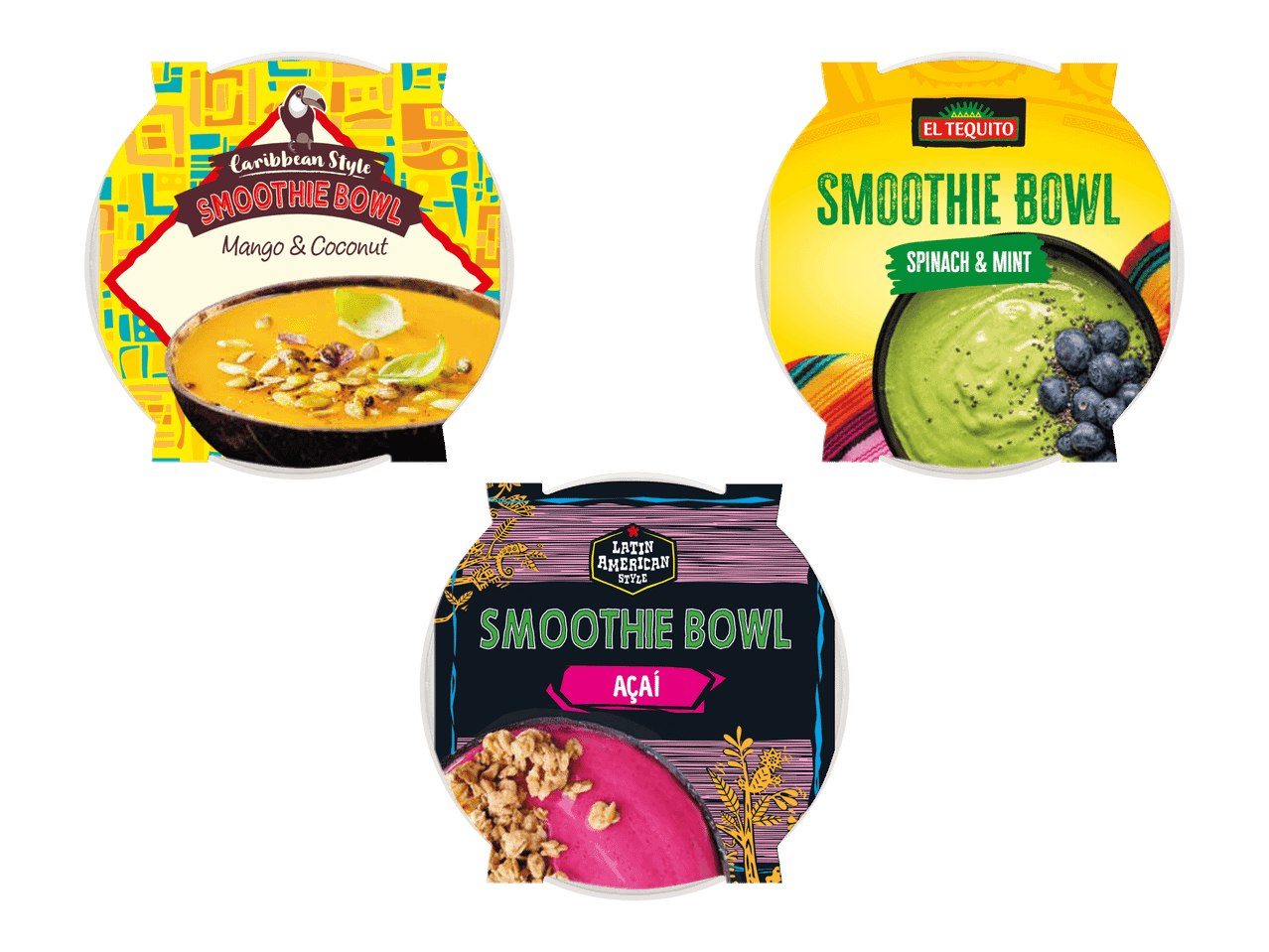 Kolme smoothie-kulhoa: karibialainen mango-kookos, pinaatti-minttu ja latinalaisamerikkalainen acai.