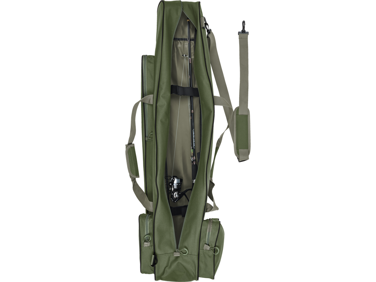 Zaļa makšķeres somas ar makšķeri un spoli.