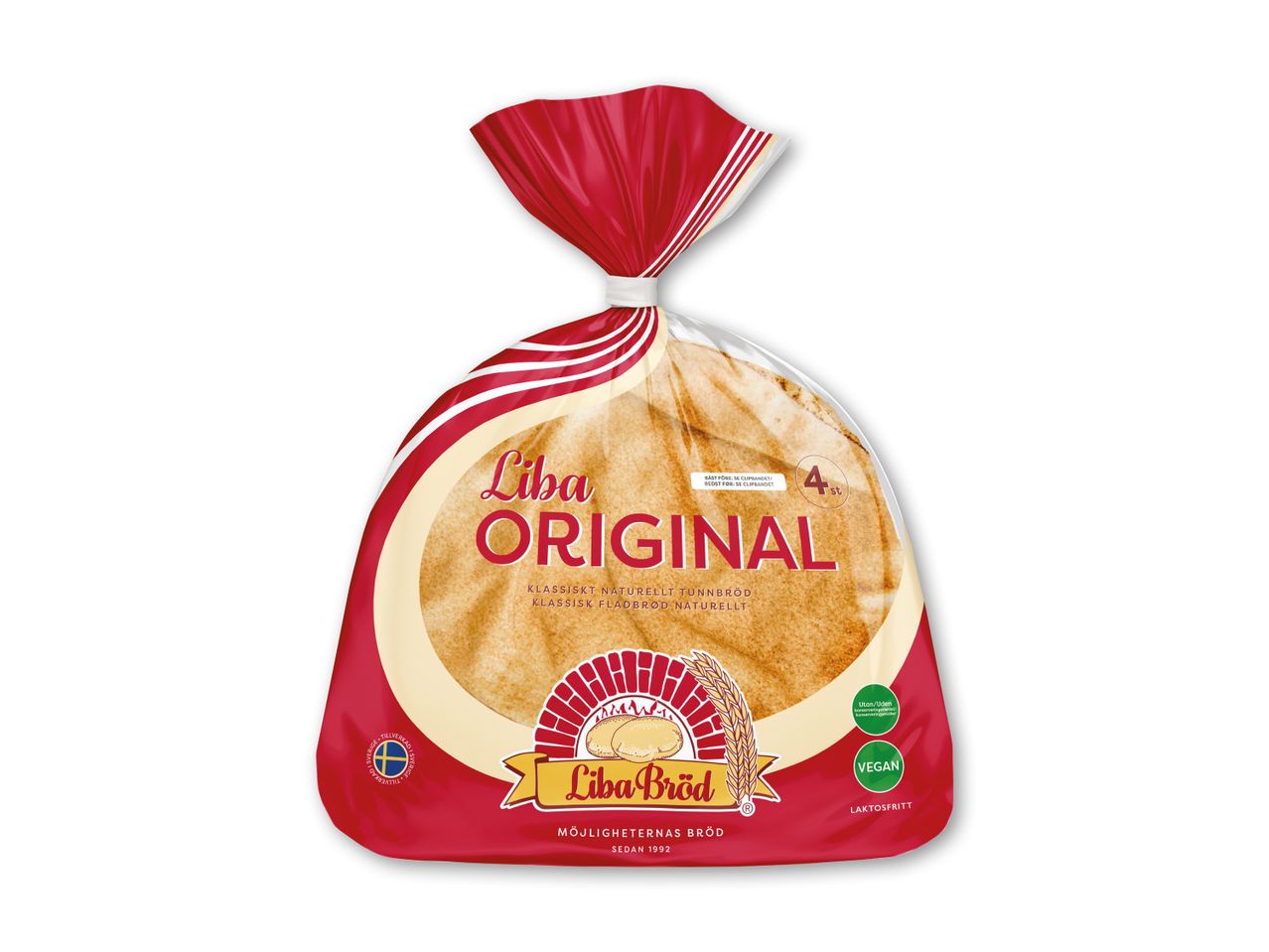 Liba Original fladbrødspakke med 4 stk., mærket som vegansk og laktosefri.