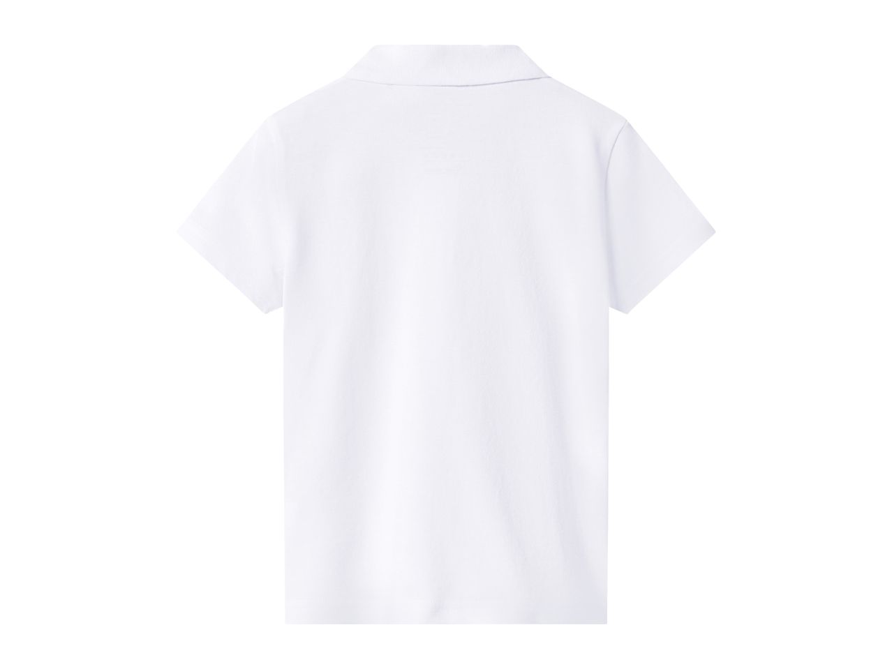 Back view of a plain white short-sleeved polo shirt with a collar.