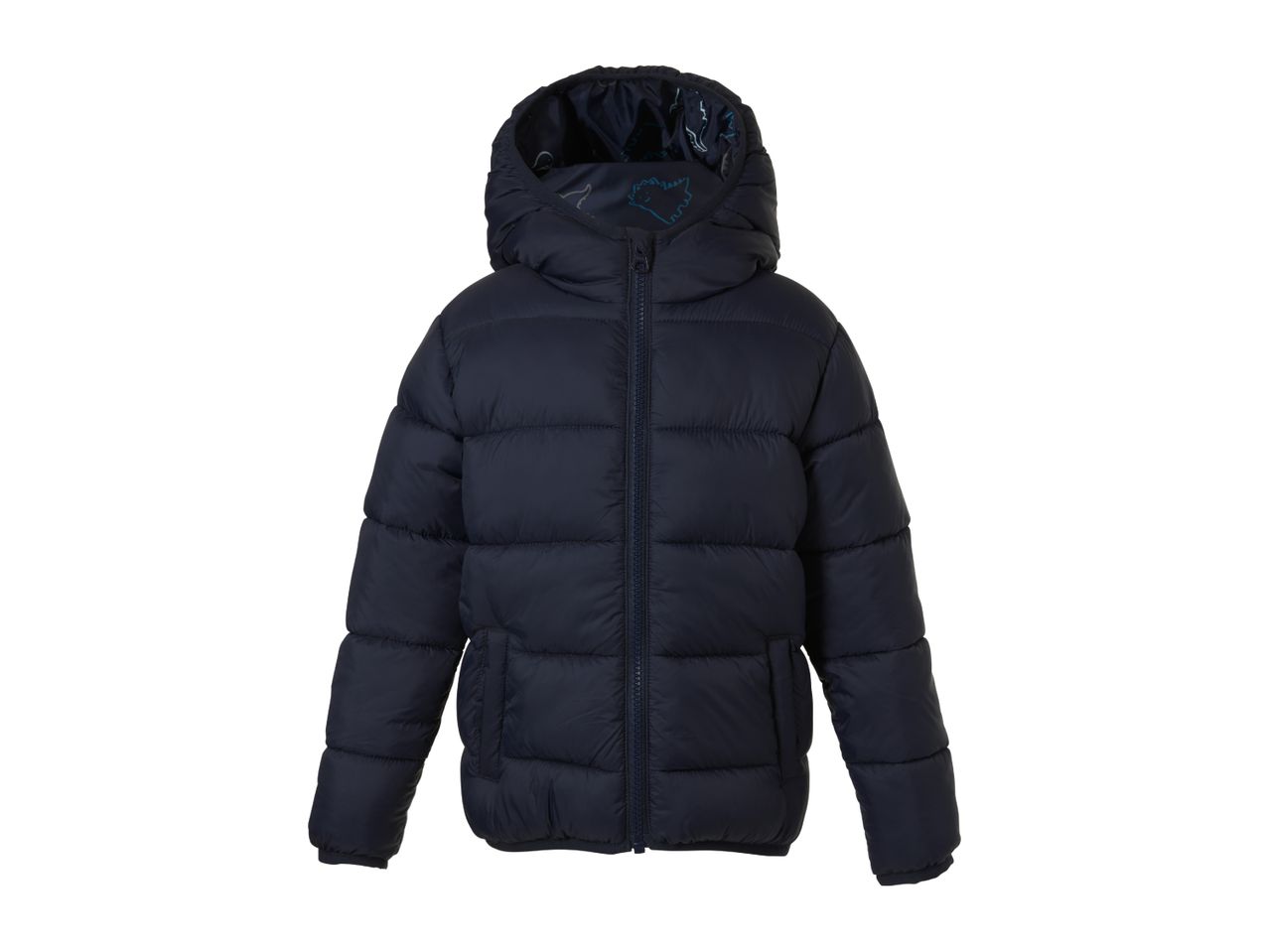 Dark blue children's puffer jacket with a hood featuring a dinosaur print lining.