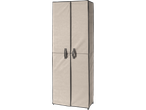 A beige fabric wardrobe with two doors and black handles.