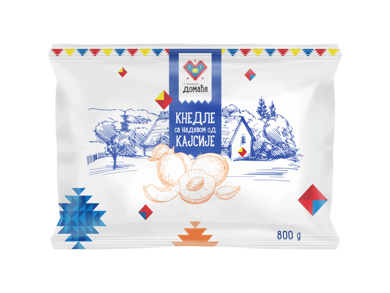 Pakovanje knedli sa filom od kajsije, sa ilustracijom seoske kuće i kajsija.