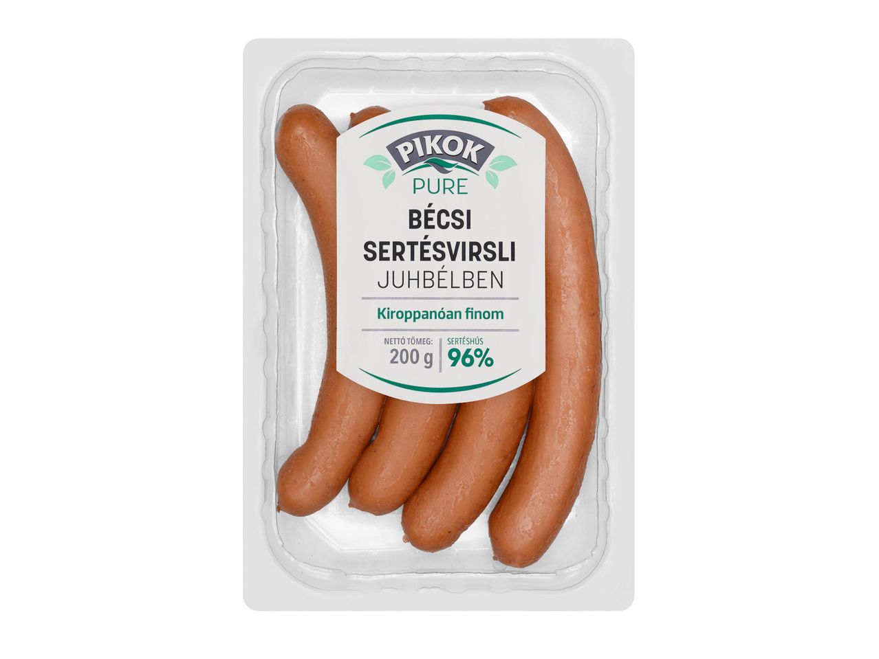 Pikok Pure bécsi sertésvirsli juhbélben, 200g-os kiszerelésben.