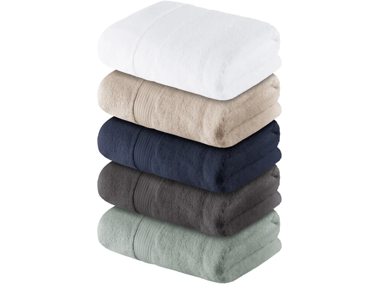 Stack of five LIVARNO home bath sheets in white, beige, navy, charcoal, and sage.