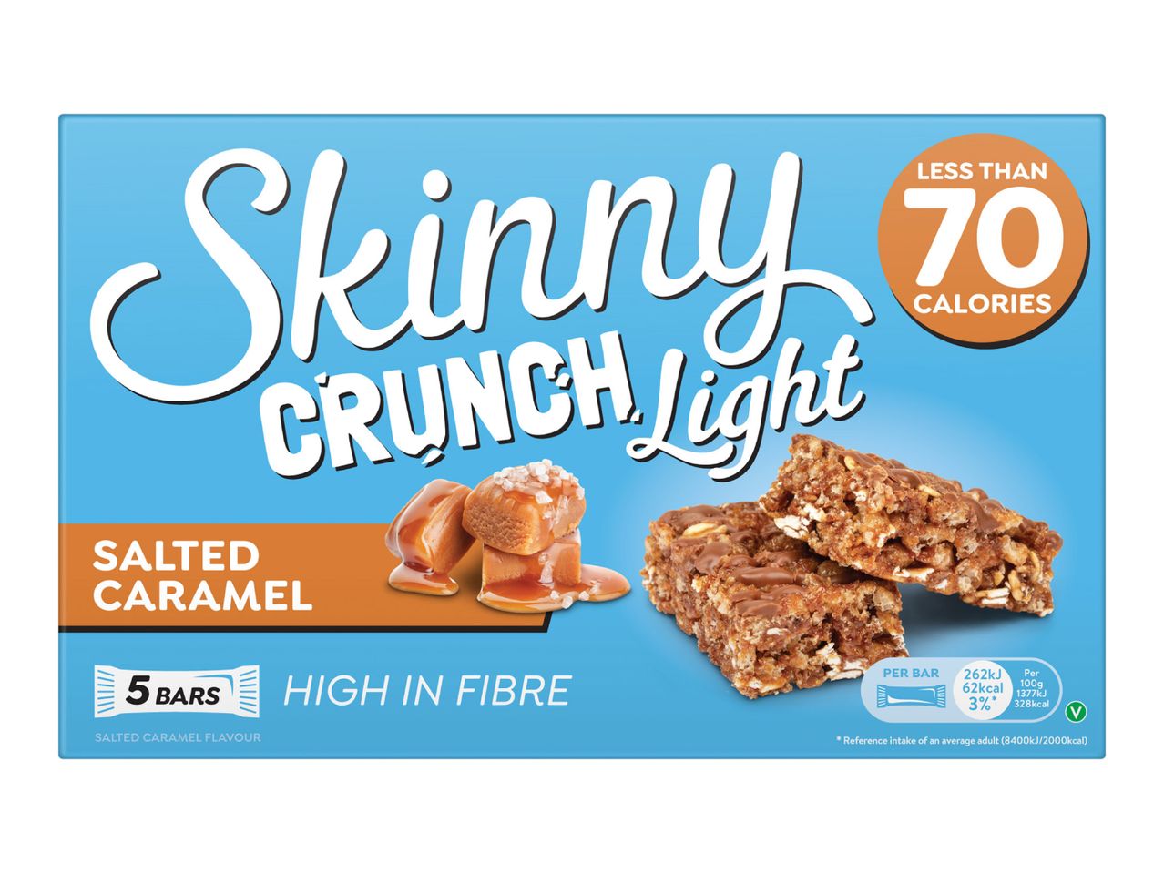 A box of 5 salted caramel crunch light bars, high in fibre and under 70 calories.