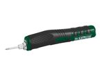 Cordless soldering iron with green and black handle, featuring product specifications.