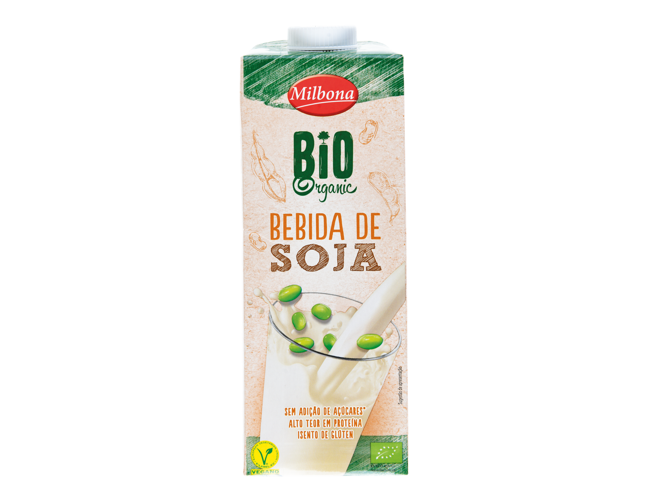 Embalagem de Bebida de Soja Bio Vemondo com logótipo verde biológico e grãos de soja.