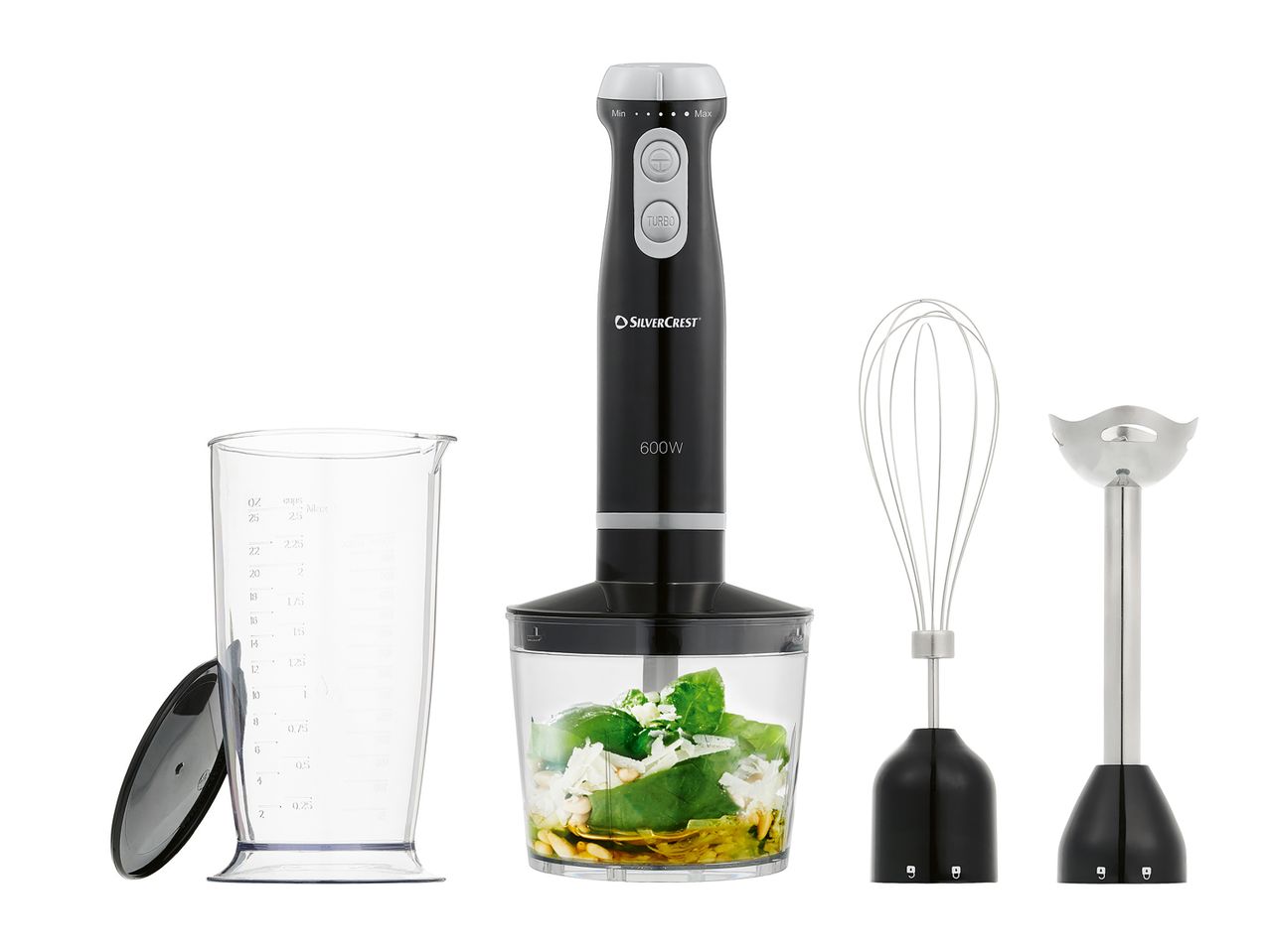 SilverCrest 600W hand blender with attachments: beaker, whisk, and chopper.