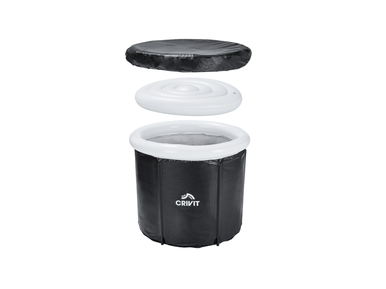 CRIVIT Ice Bath Barrel with a black barrel, white inflatable ring, and black lid.