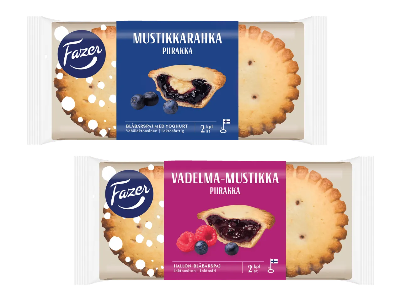 Kaksi pakkausta mustikka- ja vadelma-mustikkapiirakkaa, joissa on täytekuva ja marjoja.