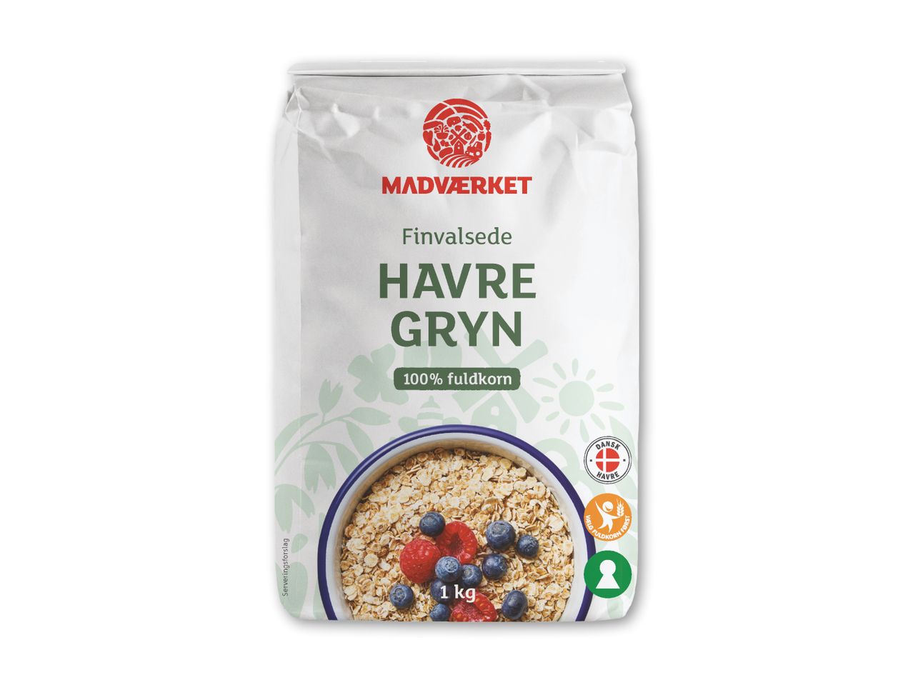 Hvid pose med havregryn, mærket '100% fuldkorn' og '1 kg', med en skål havregryn og bær.