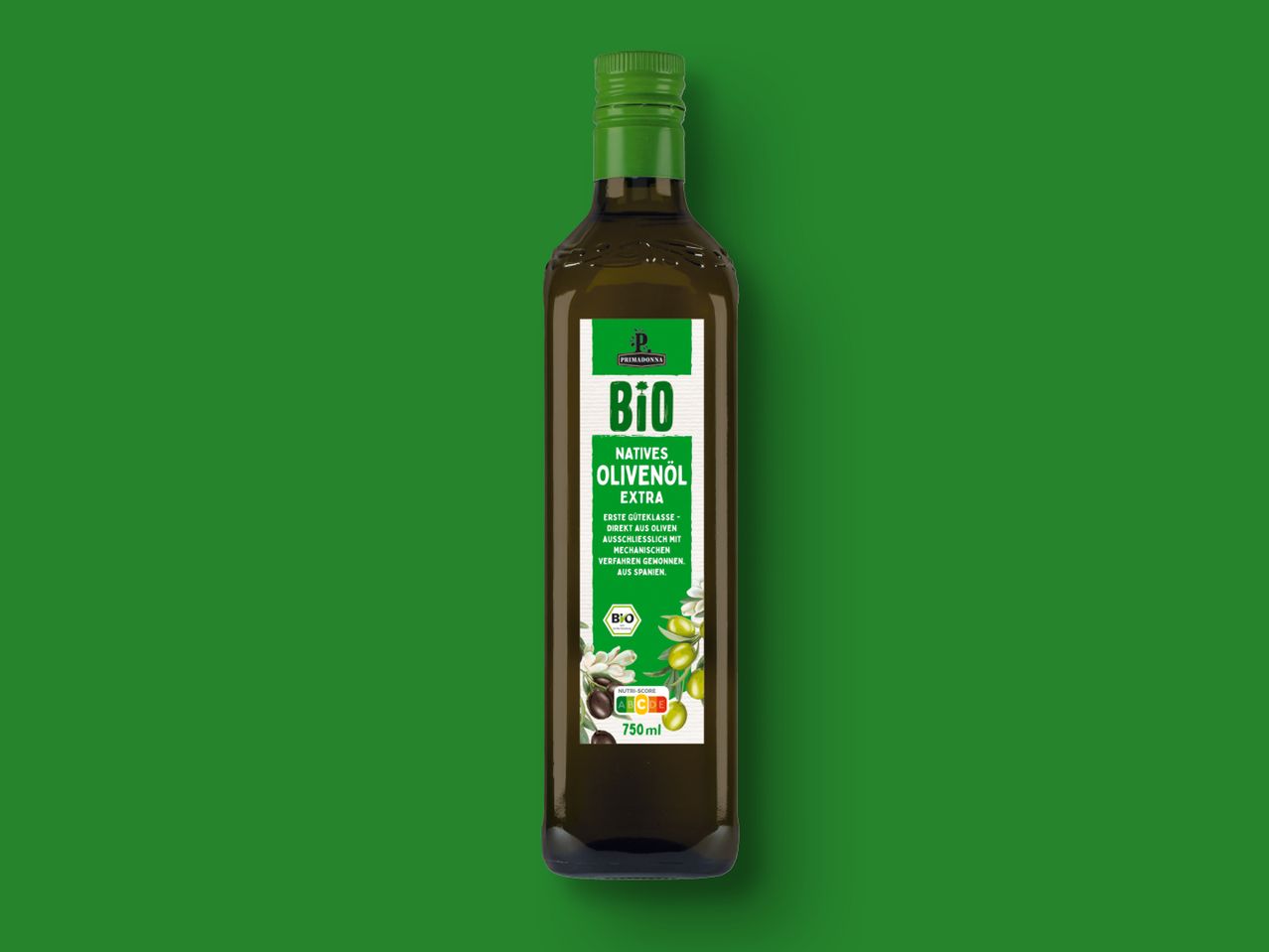 Primadonna Bio natives Olivenöl extra, 750ml Flasche.