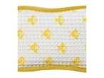 A close-up of a yellow and white waffle-weave fabric with a bee pattern, bordered in yellow.