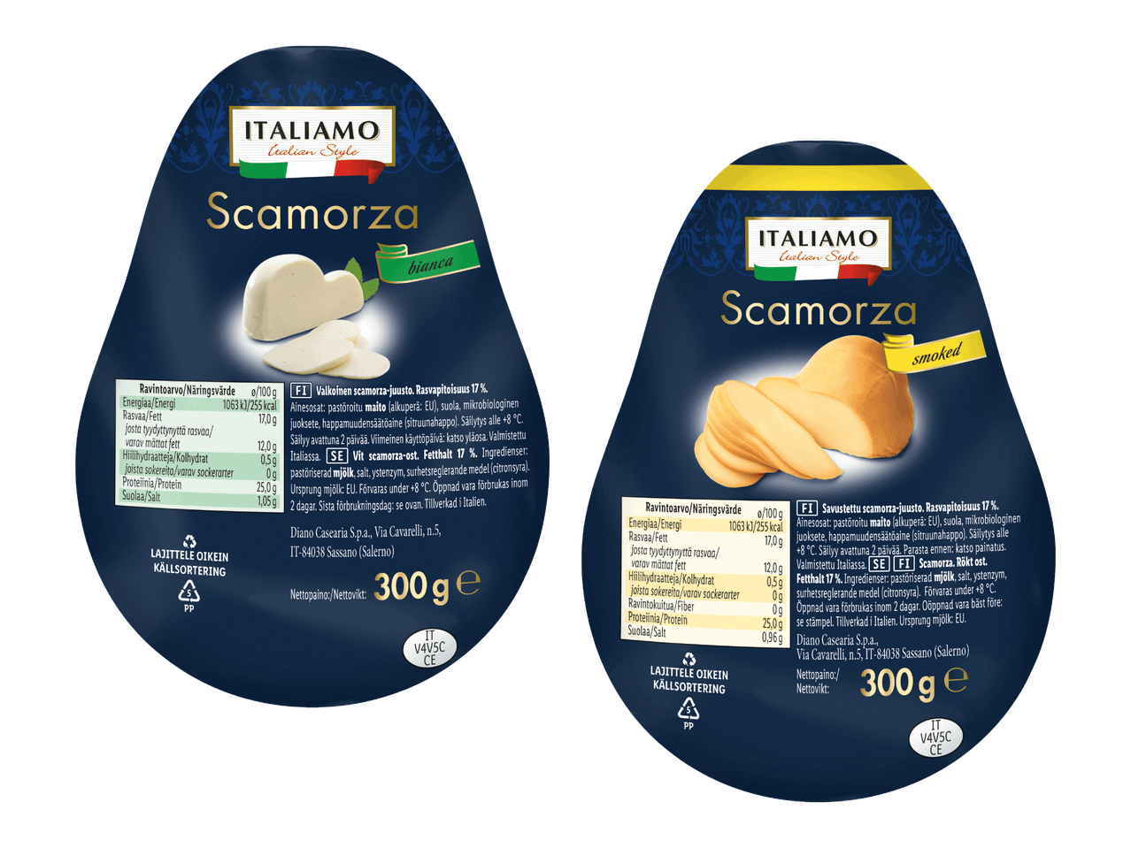 Kaksi pakkausta Italiamo Scamorza -juustoa, toinen valkoinen ja toinen savustettu.