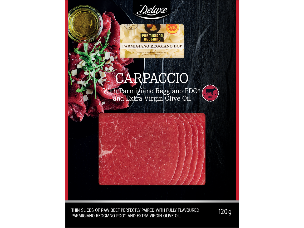 Deluxe Carpaccio, färsk skivad köttprodukt i förpackning.