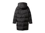 Black long puffer jacket with hood, back view