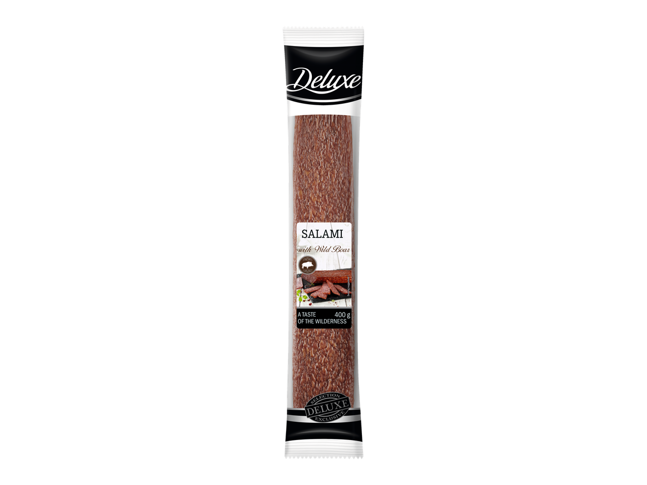 Deluxe metssea lihaga salami: 400 g pakend marineeritud liha.