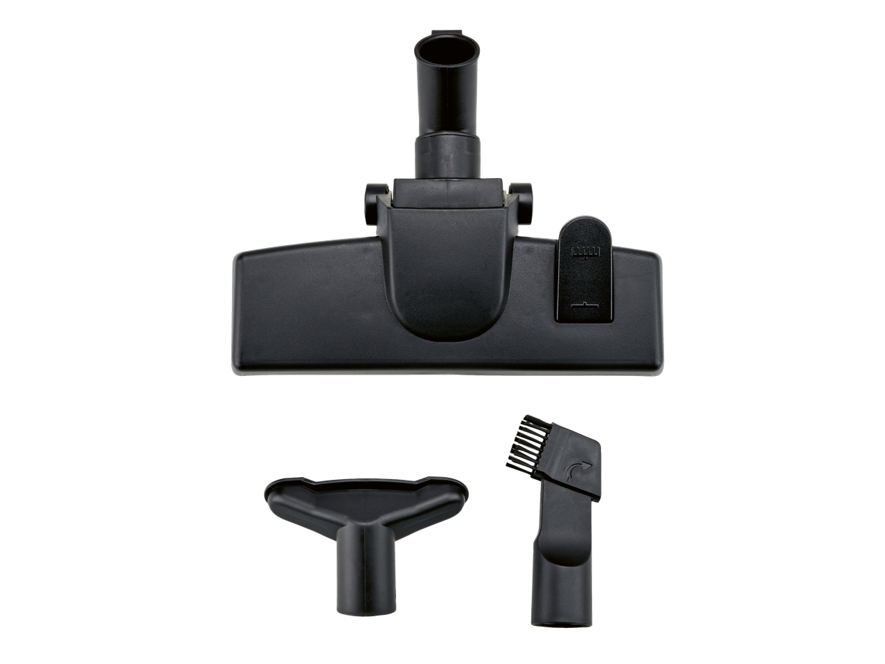 Vacuum cleaner accessories: floor nozzle, crevice tool, and brush attachment.