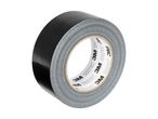 A roll of black duct tape with a gray adhesive side, showing repeated text on the core.