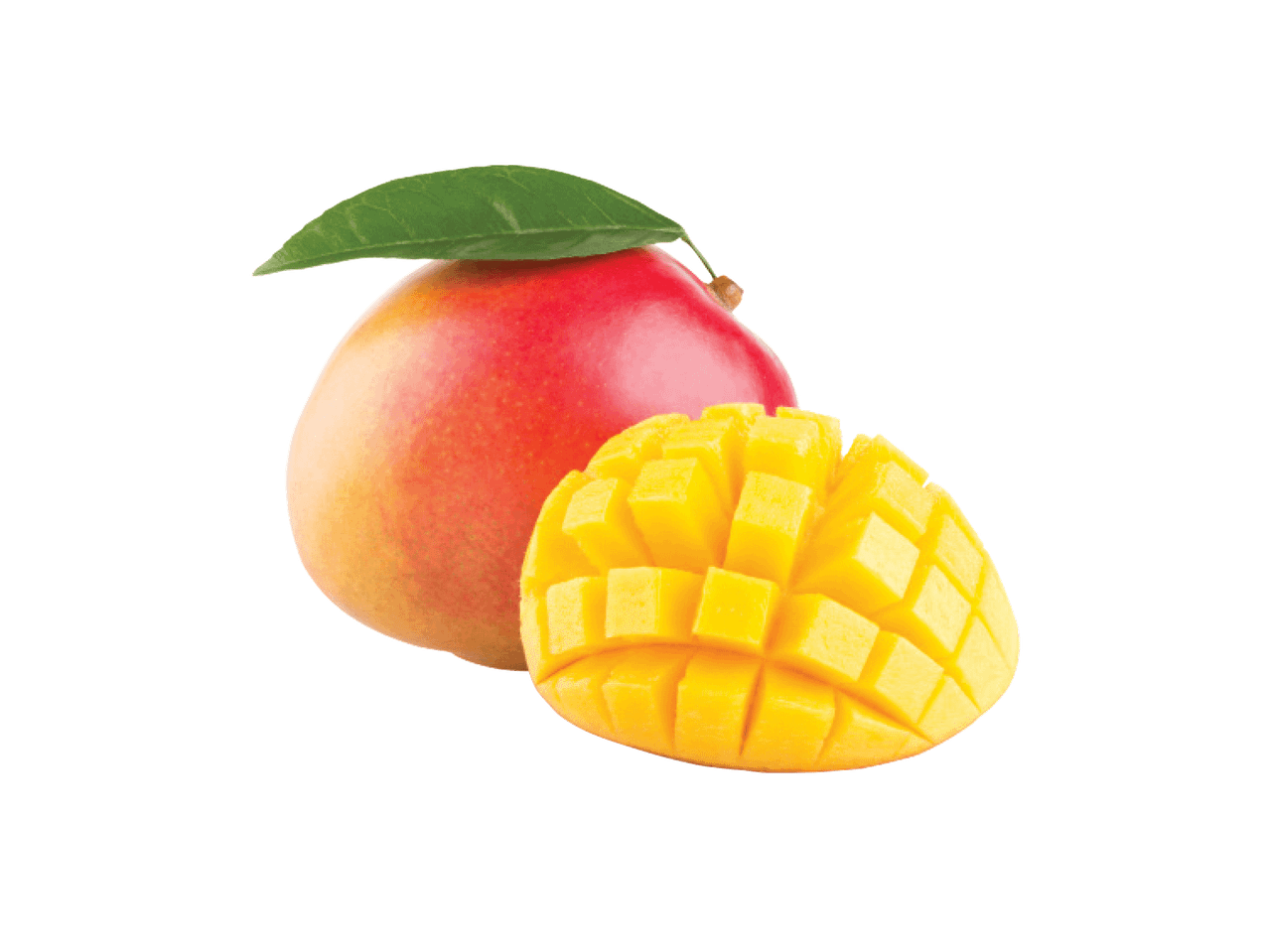 Kaks mangot, üks terve ja teine kuubikuteks lõigatud, mustal taustal.