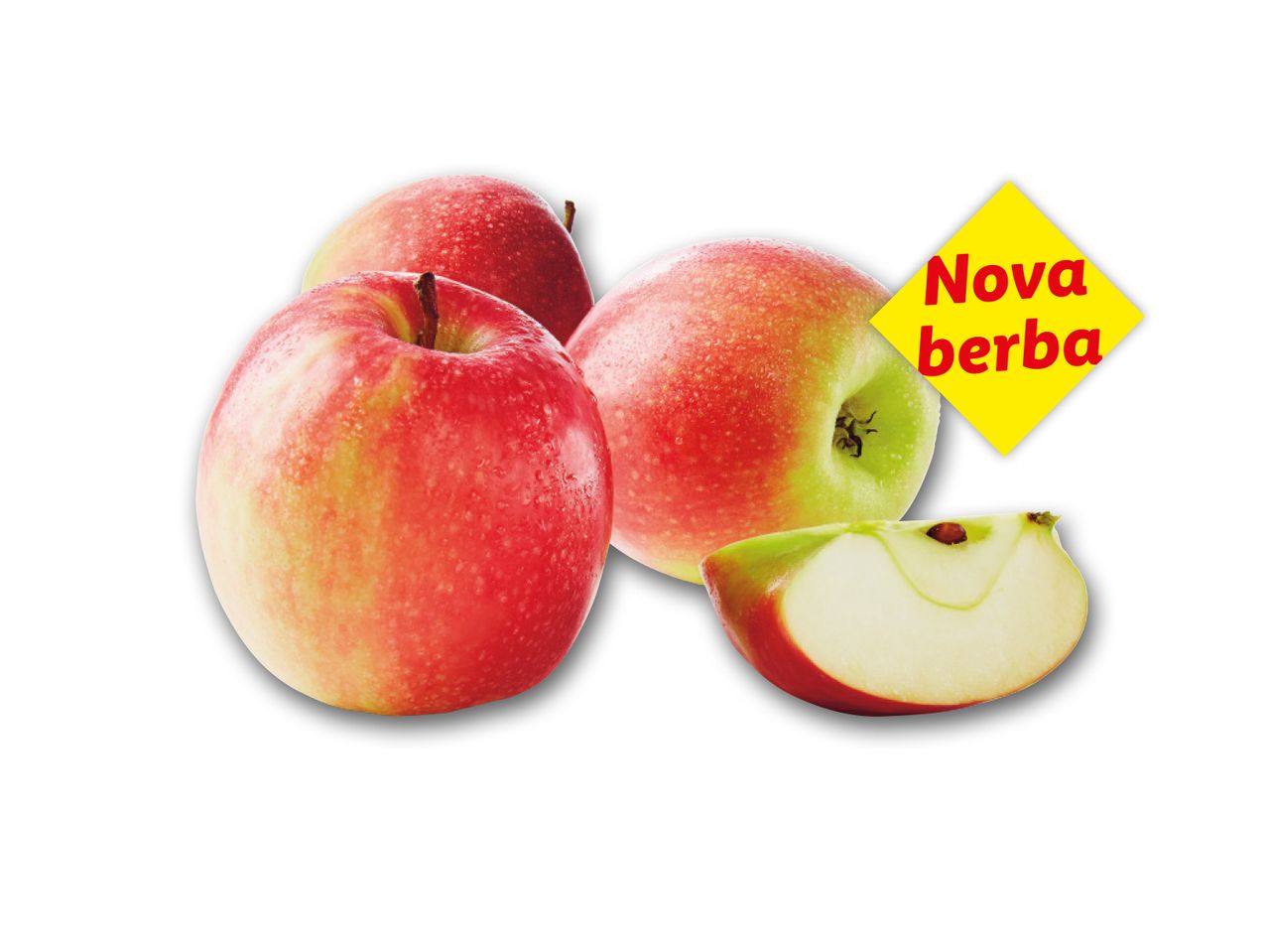 Crvene jabuke s kapljicama vode i žutim natpisom 'Nova berba'.