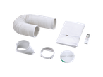 Portable AC kit: flexible hose, bag, adapters, and remote.
