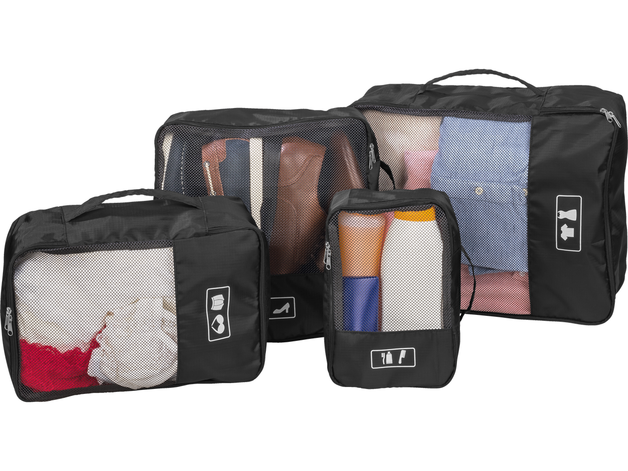 Sacos de viagem para roupas, sapatos e artigos de higiene pessoal.