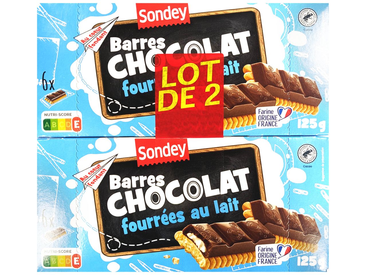 Deux paquets de barres chocolat Sondey fourrées au caramel.