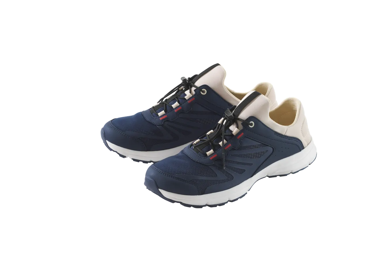 Pair of navy blue and beige athletic shoes with quick-lace system.