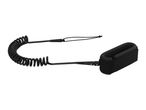 Black coiled surf leash with an ankle cuff on a white background.