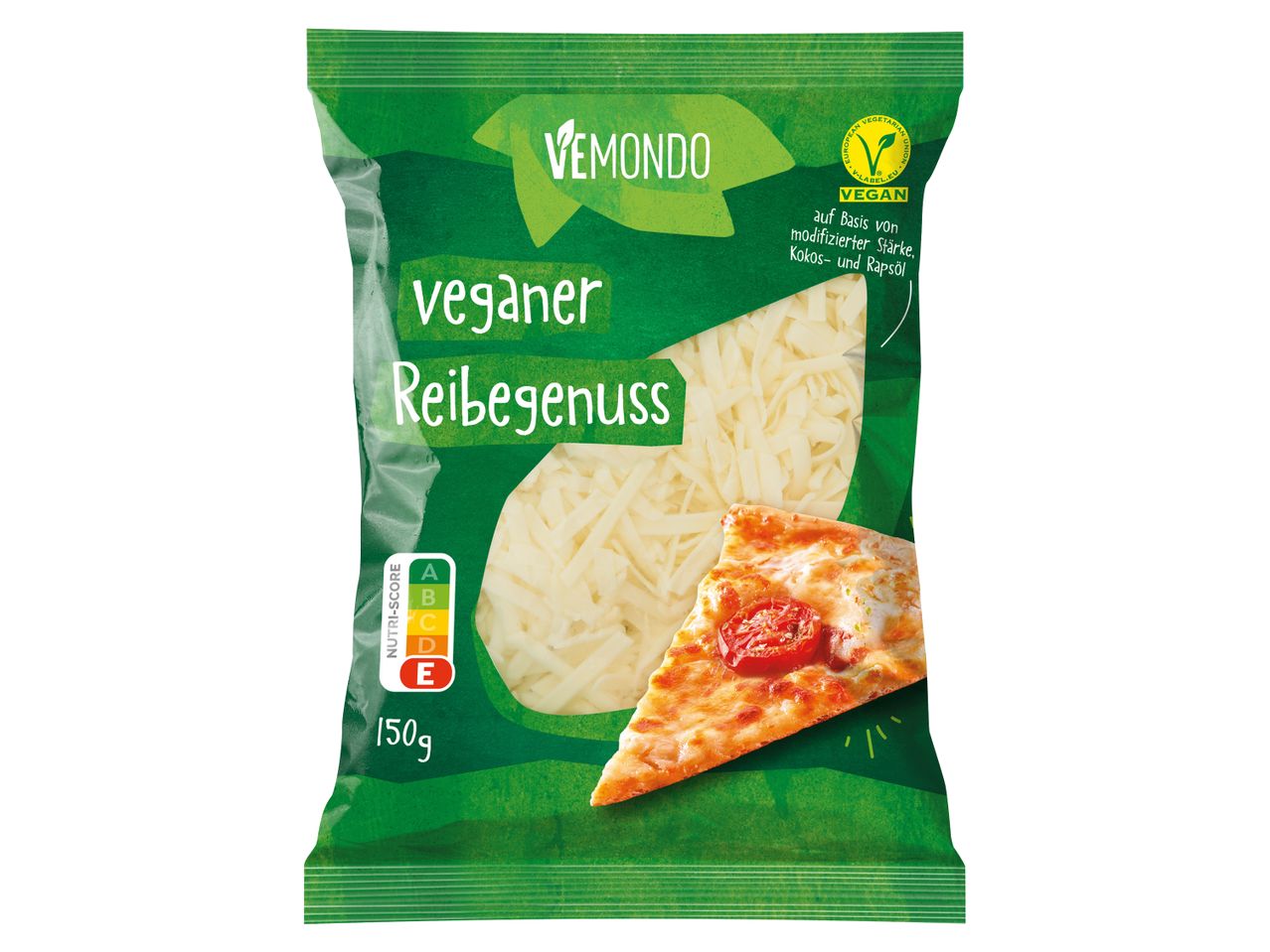 Vemondo veganer Reibegenuss auf Basis von Stärke, Kokos- und Rapsöl, mit Nutri-Score E und 150g Inhalt.