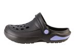 Black Crocs-style clogs with a purple accent on the sole.