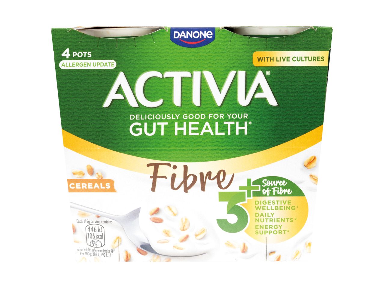 Danone Activia Fibre Cereals yogurt, 4 pots, with live cultures.