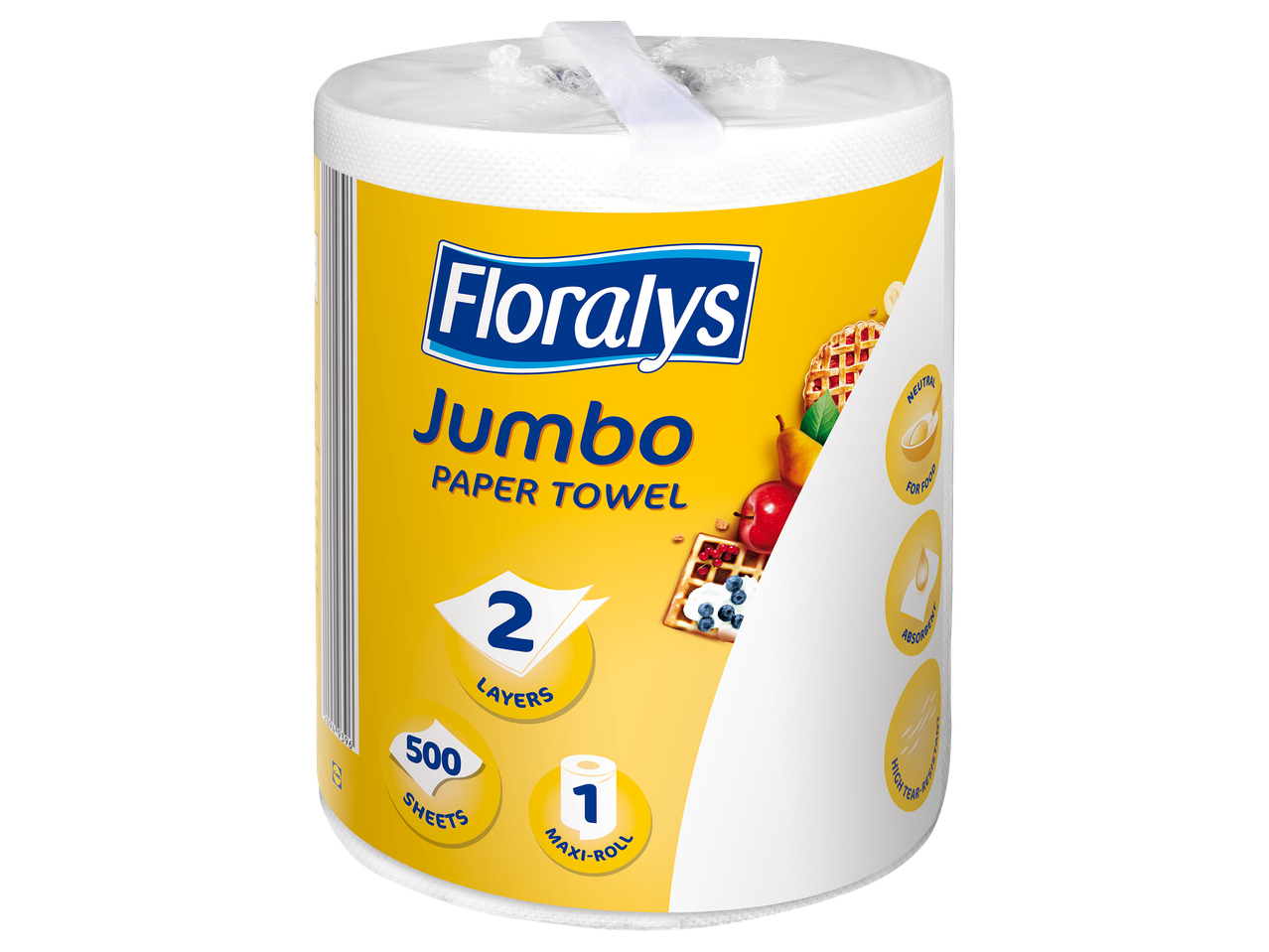 Jumbo papírtörlő tekercs sárga csomagolásban, 2 rétegű, 500 lapos, élelmiszerrel érintkezhet.