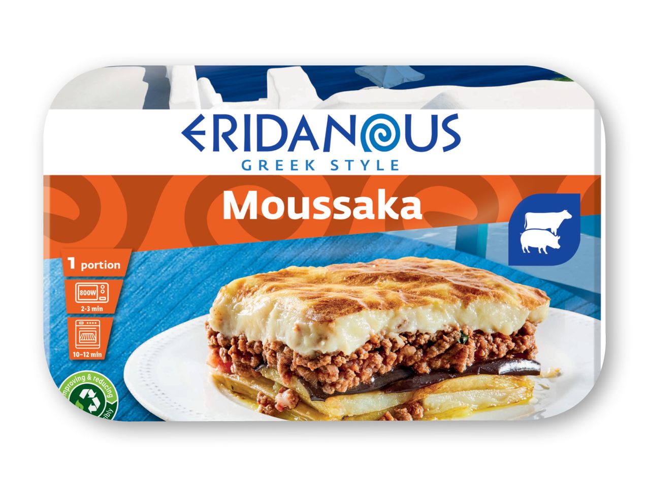 Eridanus Greek Style Moussaka i en frossen madpakke.