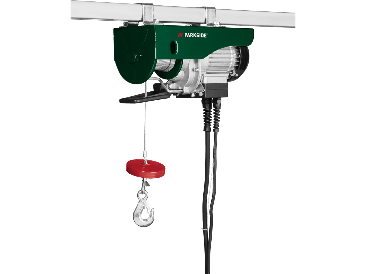 Troliu Parkside de 500 W, verde, cu cablu și cârlig, suspendat pe o bară metalică.