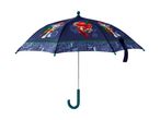 Children's blue umbrella with cartoon characters and dinosaur-themed patterns.