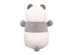 Back view of a soft panda plush toy with white and grey sections.