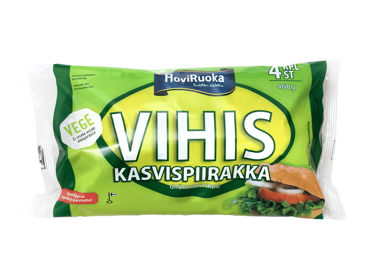 Kasvispiirakka-pakkaus, jossa lukee 'VEGE' ja '4 kpl 460g'.