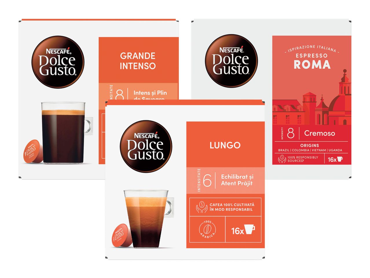 Nescafé Dolce Gusto: trei sortimente de cafea - Grande Intenso, Espresso Roma și Lungo.