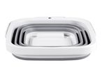 Foldable white and grey washing up bowl, collapsed for storage.