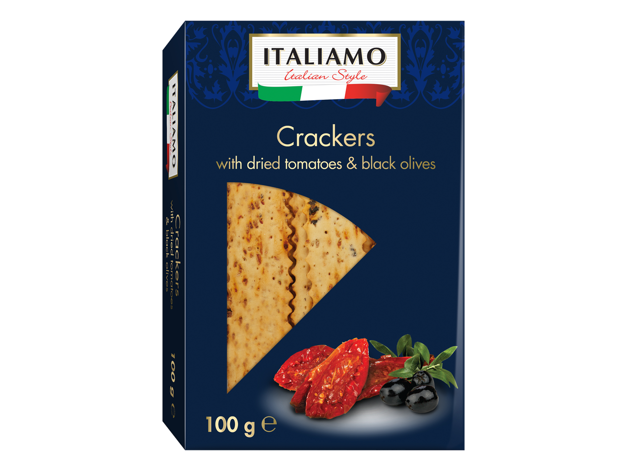 Boîte de crackers aux tomates séchées et olives noires, 100 g, style italien.