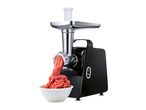 Electric meat grinder in black and silver, mincing meat into a white bowl.