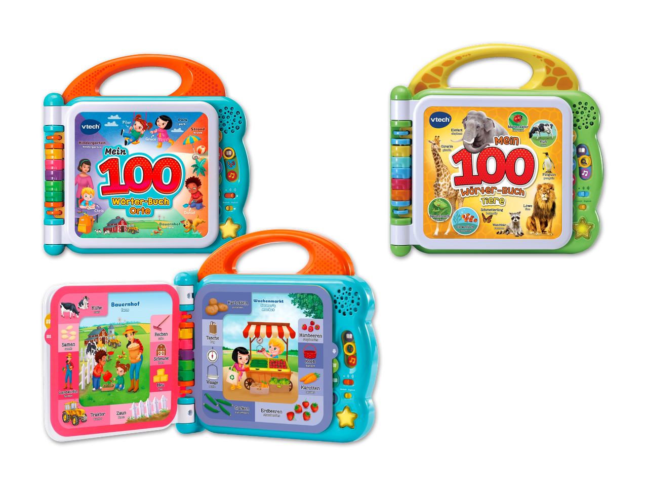 Vier interaktive VTech-Bilderbücher mit je 100 Wörtern zu verschiedenen Themen.