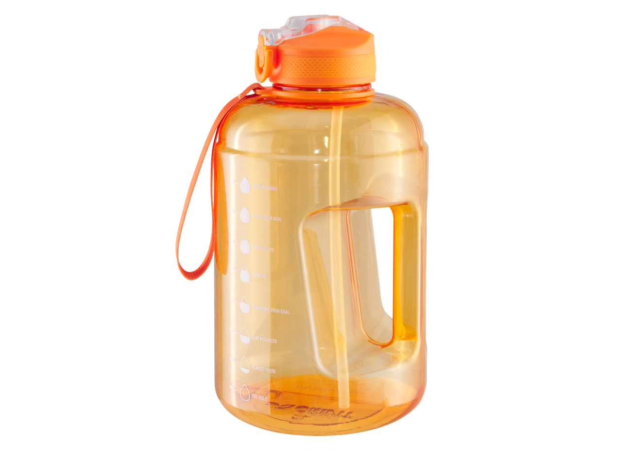 Orange CRIVIT vattenflaska med sugrör, handtag och motiverande tidsmarkeringar.