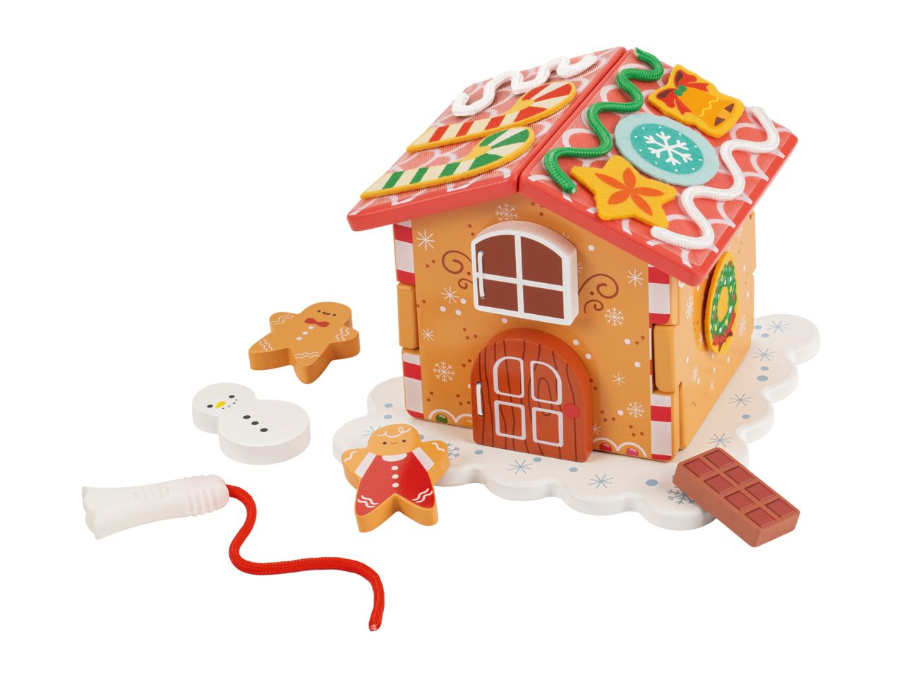 A colorful wooden gingerbread house toy with decorative pieces like gingerbread men, a snowman, and a chocolate bar.