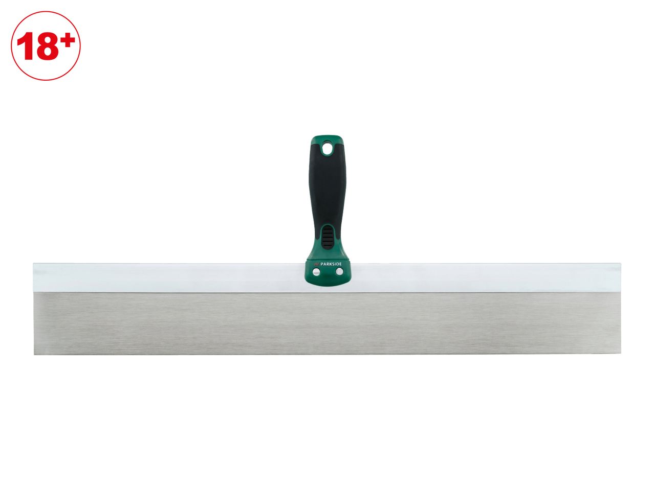 A wide plastering trowel with a black and green handle, with an 18+ age restriction symbol.