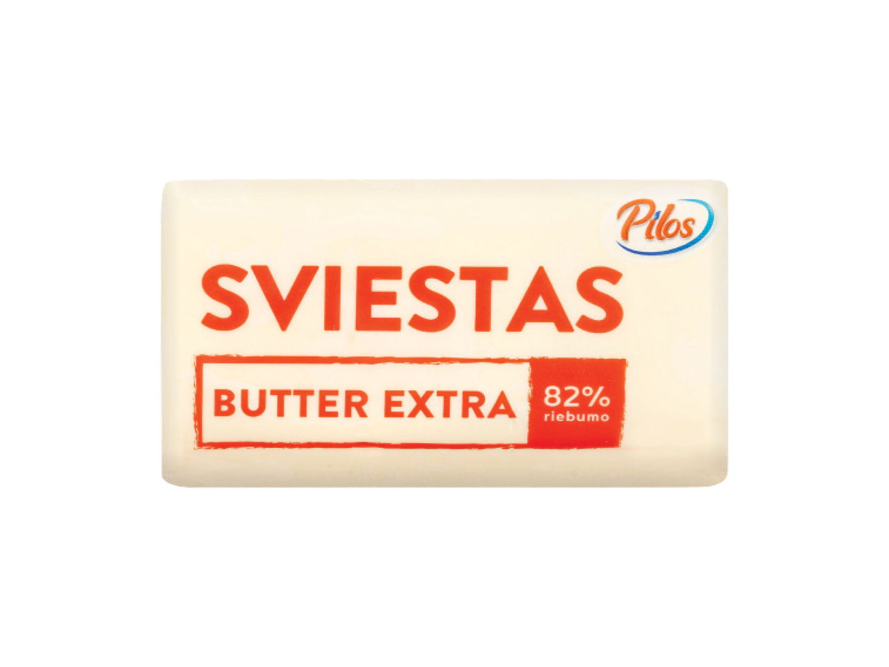 Sviestas su užrašu „SVIESTAS BUTTER EXTRA 82% riebumo“.